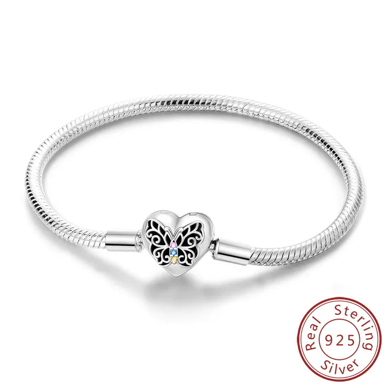 KissICON KTB021 / 19cm Original 925 Sterling Silver Bracelets 17-20CM Love Heart Flowers Butterfly Charms Beads Bracelet For Women Fashion Jewelry Gift