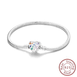 KissICON KTB057 / 17cm Original 925 Sterling Silver Bracelets 17-20CM Love Heart Flowers Butterfly Charms Beads Bracelet For Women Fashion Jewelry Gift