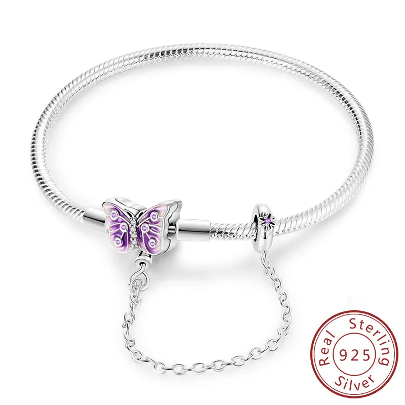 KissICON KTB064 / 19cm Original 925 Sterling Silver Bracelets 17-20CM Love Heart Flowers Butterfly Charms Beads Bracelet For Women Fashion Jewelry Gift