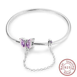 KissICON KTB064 / 19cm Original 925 Sterling Silver Bracelets 17-20CM Love Heart Flowers Butterfly Charms Beads Bracelet For Women Fashion Jewelry Gift