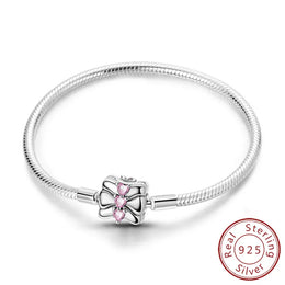 KissICON KTB074 / 19cm Original 925 Sterling Silver Bracelets 17-20CM Love Heart Flowers Butterfly Charms Beads Bracelet For Women Fashion Jewelry Gift