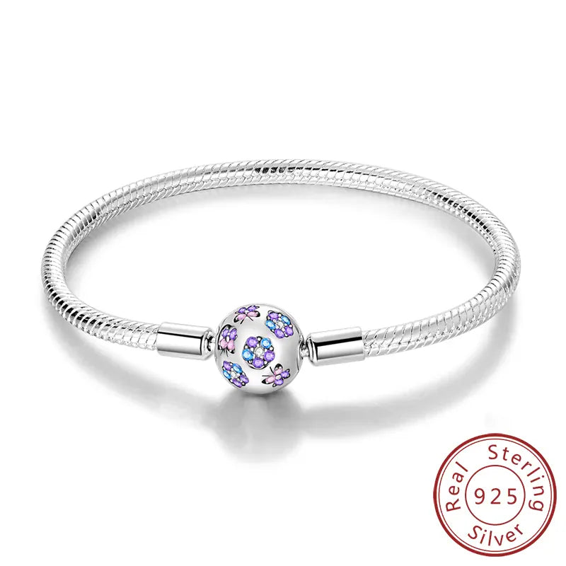 KissICON KTB077 / 19cm Original 925 Sterling Silver Bracelets 17-20CM Love Heart Flowers Butterfly Charms Beads Bracelet For Women Fashion Jewelry Gift