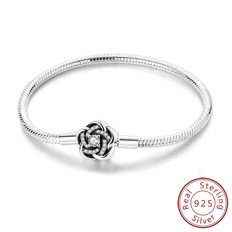 KissICON KTB109 / 19cm Original 925 Sterling Silver Bracelets 17-20CM Love Heart Flowers Butterfly Charms Beads Bracelet For Women Fashion Jewelry Gift