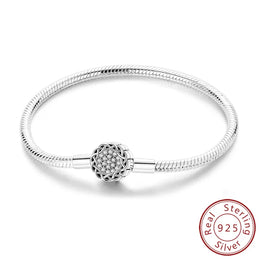 KissICON KTB111 / 19cm Original 925 Sterling Silver Bracelets 17-20CM Love Heart Flowers Butterfly Charms Beads Bracelet For Women Fashion Jewelry Gift