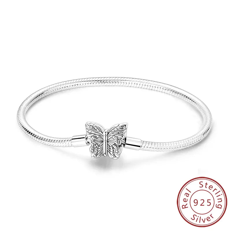 KissICON KTB116 / 19cm Original 925 Sterling Silver Bracelets 17-20CM Love Heart Flowers Butterfly Charms Beads Bracelet For Women Fashion Jewelry Gift