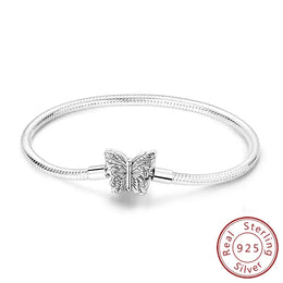 KissICON KTB116 / 19cm Original 925 Sterling Silver Bracelets 17-20CM Love Heart Flowers Butterfly Charms Beads Bracelet For Women Fashion Jewelry Gift