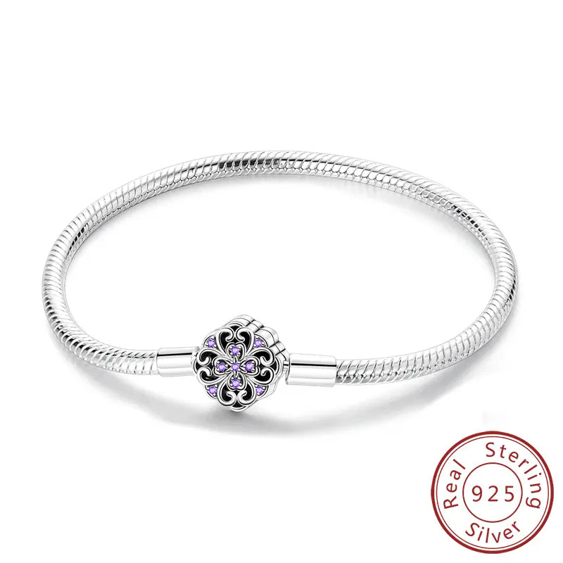 KissICON KTB117 / 19cm Original 925 Sterling Silver Bracelets 17-20CM Love Heart Flowers Butterfly Charms Beads Bracelet For Women Fashion Jewelry Gift