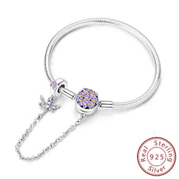 KissICON KTB120 / 19cm Original 925 Sterling Silver Bracelets 17-20CM Love Heart Flowers Butterfly Charms Beads Bracelet For Women Fashion Jewelry Gift