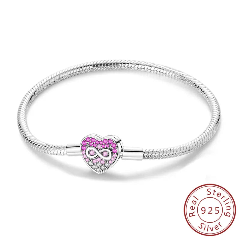 KissICON KTB121 / 19cm Original 925 Sterling Silver Bracelets 17-20CM Love Heart Flowers Butterfly Charms Beads Bracelet For Women Fashion Jewelry Gift