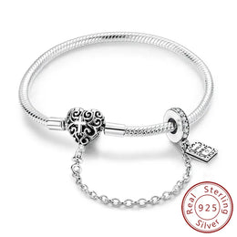 KissICON KTB123 / 19cm Original 925 Sterling Silver Bracelets 17-20CM Love Heart Flowers Butterfly Charms Beads Bracelet For Women Fashion Jewelry Gift