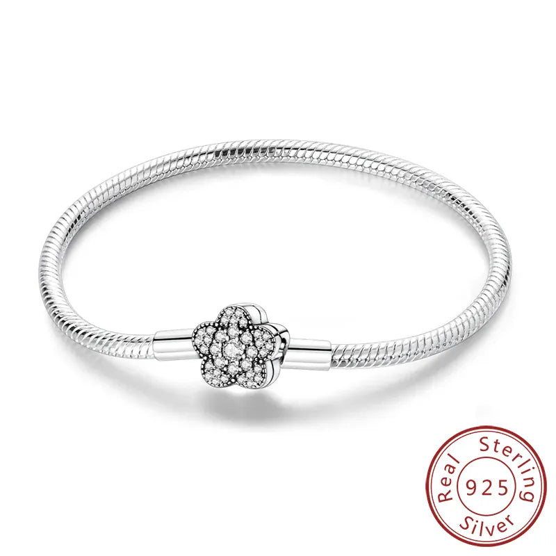 KissICON KTB124 / 19cm Original 925 Sterling Silver Bracelets 17-20CM Love Heart Flowers Butterfly Charms Beads Bracelet For Women Fashion Jewelry Gift