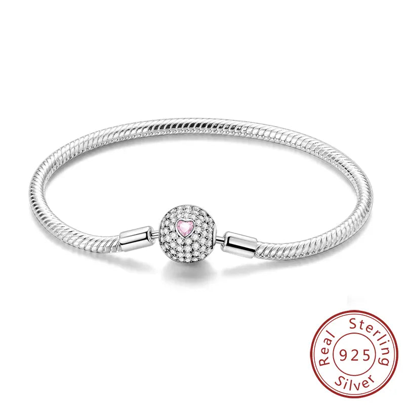 KissICON KTB125 / 19cm Original 925 Sterling Silver Bracelets 17-20CM Love Heart Flowers Butterfly Charms Beads Bracelet For Women Fashion Jewelry Gift