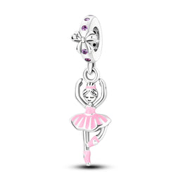 KissICON KTC629 925 Silver Pink Ballet Skates Shoes Charms Fit Original Bracelet Necklace DIY Bead For Women Jeweli Make Gift
