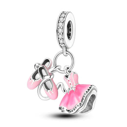 KissICON KTC947 925 Silver Pink Ballet Skates Shoes Charms Fit Original Bracelet Necklace DIY Bead For Women Jeweli Make Gift