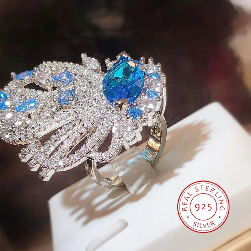 Dropshipman KYRA01792 / resizable KissIcon Blue Zircon 925 Silver Plated Ring - Adjustable