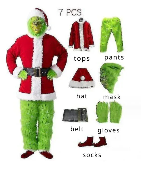 KissICON L / 7pcs Santa Claus Costume Set Christmas Party Prom Adult Role Playing Green Monster Shaggy Halloween Cosplay Suit Gloves Mask