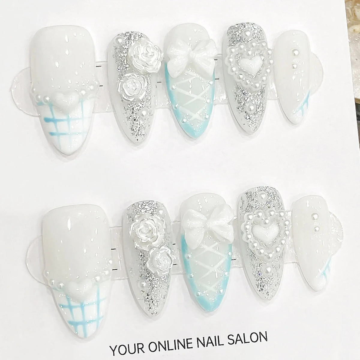 KissICON L Handmade Press on Nails Light Blue Cute Bear