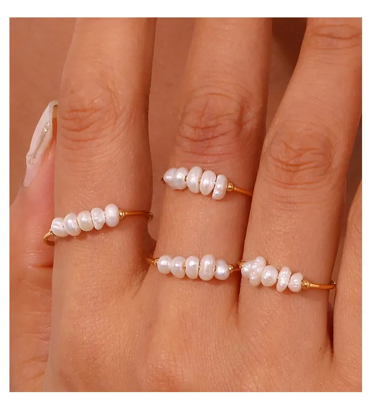 KissICON La. Muses Elegant Small Freshwater Pearl Stainless Steel Finger Rings Women Fashion Daily Waterproof Jewelry And Accessories