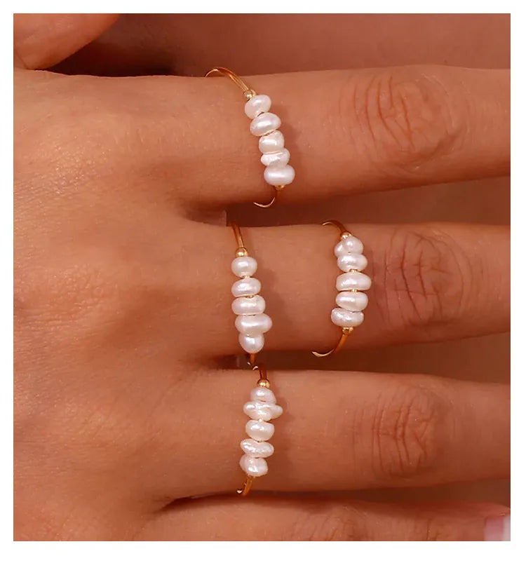 KissICON La. Muses Elegant Small Freshwater Pearl Stainless Steel Finger Rings Women Fashion Daily Waterproof Jewelry And Accessories