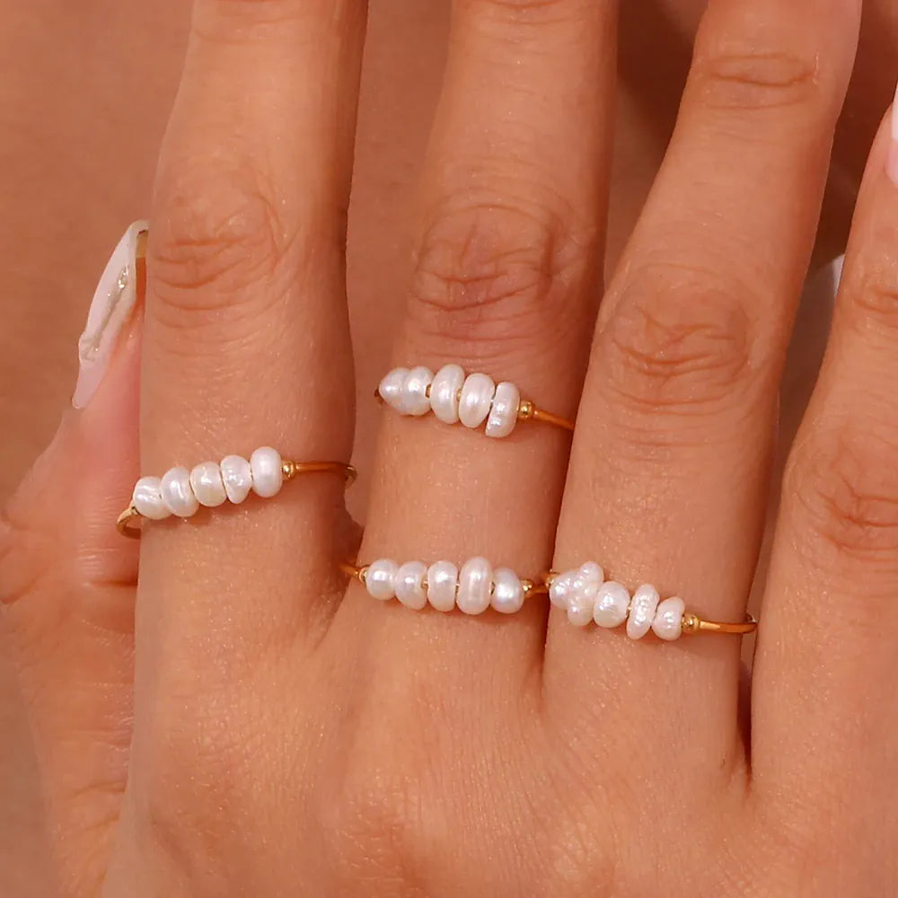 KissICON La. Muses Elegant Small Freshwater Pearl Stainless Steel Finger Rings Women Fashion Daily Waterproof Jewelry And Accessories