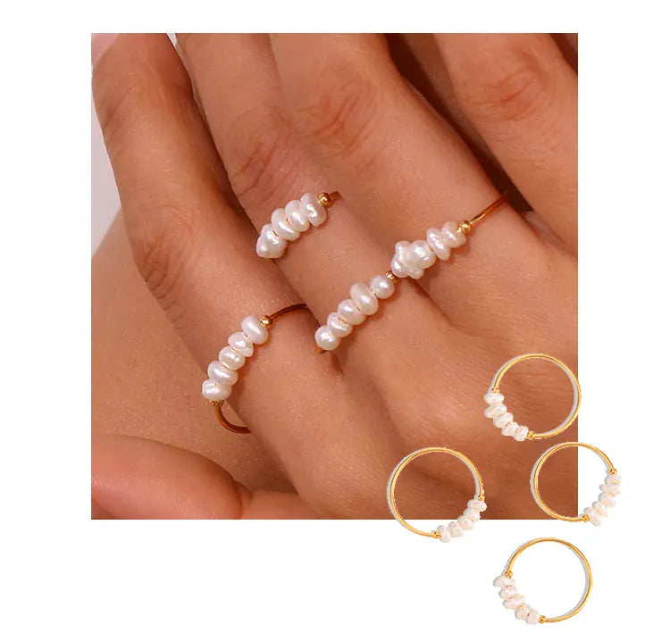 KissICON La. Muses Elegant Small Freshwater Pearl Stainless Steel Finger Rings Women Fashion Daily Waterproof Jewelry And Accessories