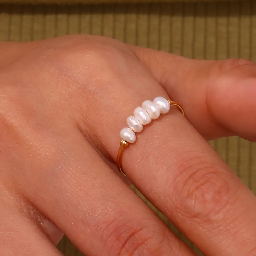 KissICON La. Muses Elegant Small Freshwater Pearl Stainless Steel Finger Rings Women Fashion Daily Waterproof Jewelry And Accessories