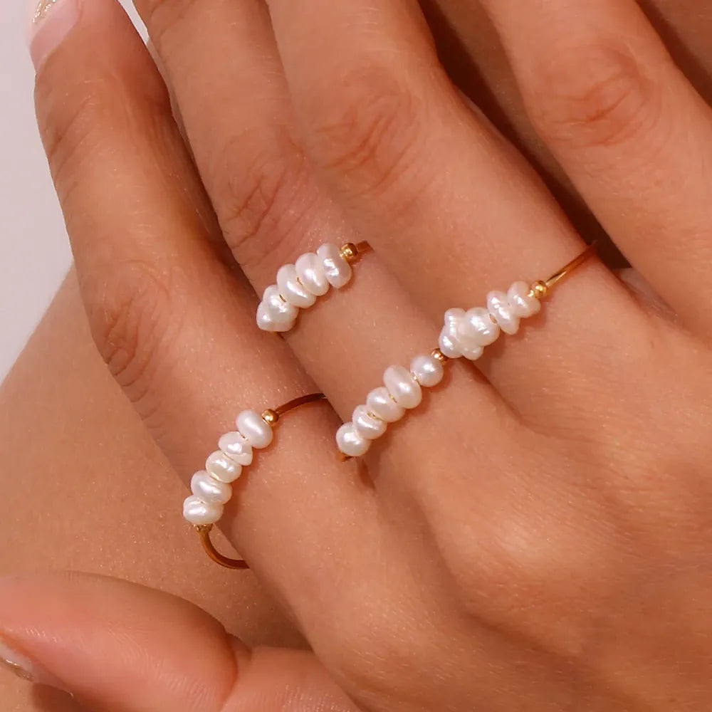 KissICON La. Muses Elegant Small Freshwater Pearl Stainless Steel Finger Rings Women Fashion Daily Waterproof Jewelry And Accessories