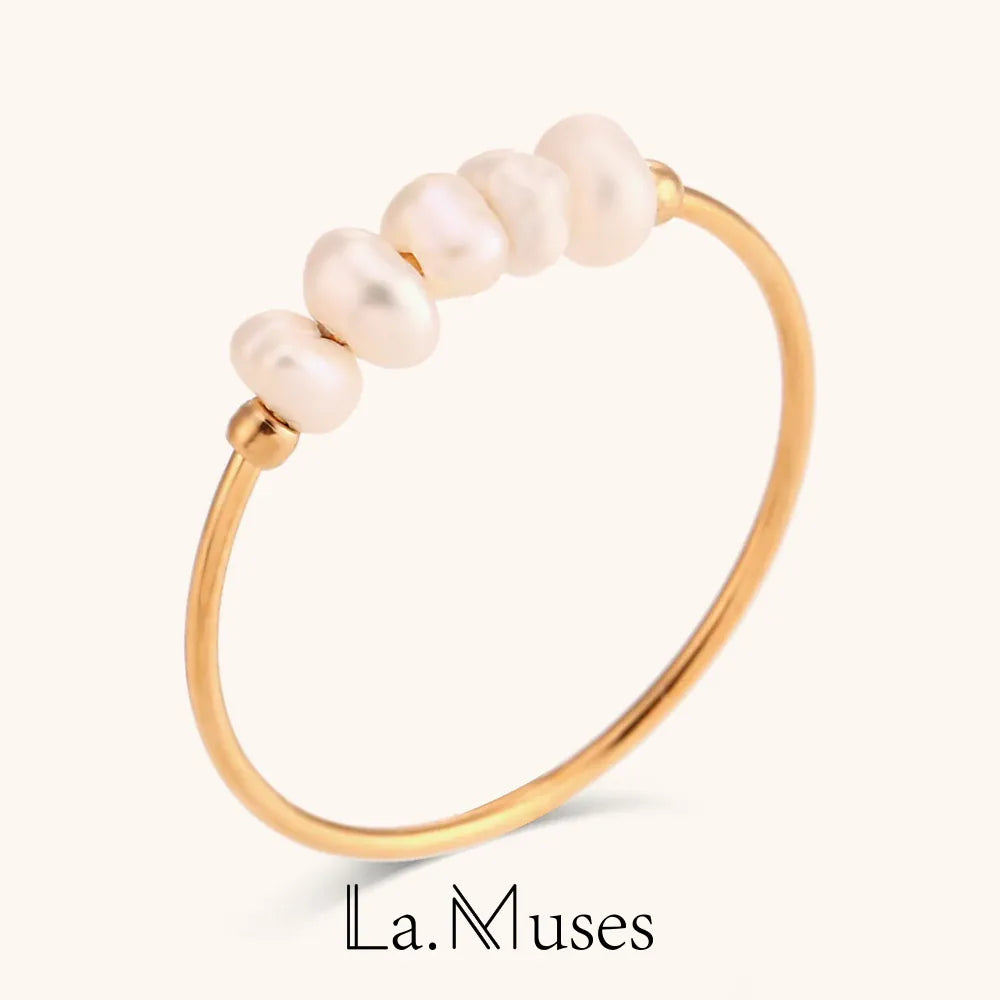 KissICON La. Muses Elegant Small Freshwater Pearl Stainless Steel Finger Rings Women Fashion Daily Waterproof Jewelry And Accessories