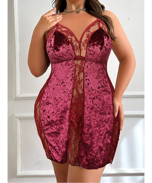 jkthpu-45 Lace Faux Fur Patchwork Plus Size Dress with Thong