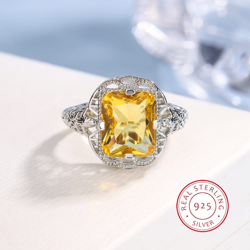 KissICON Ladies 925 Silver Plated High-grade Moissanite Citrine Hollow Wedding Engagement Ring High-end Jewelry Luxury Ladies Ring