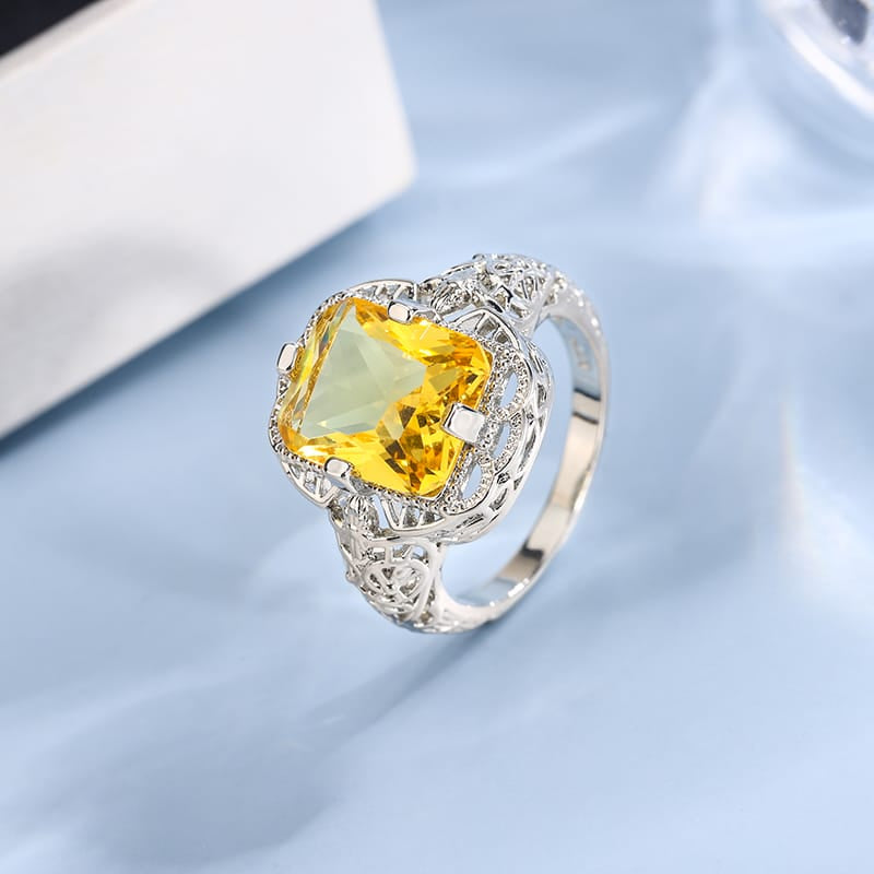 KissICON Ladies 925 Silver Plated High-grade Moissanite Citrine Hollow Wedding Engagement Ring High-end Jewelry Luxury Ladies Ring