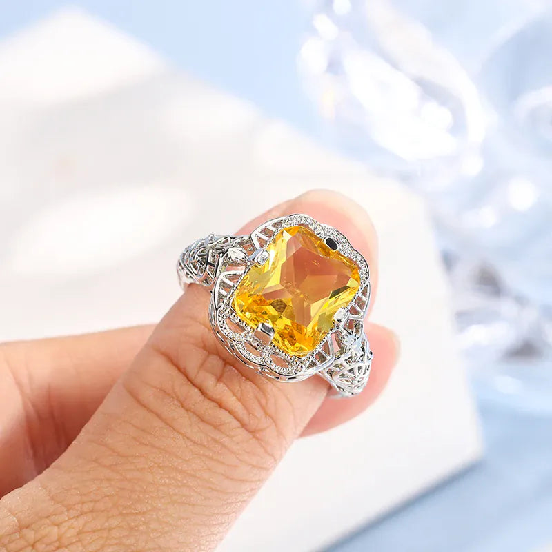 KissICON Ladies 925 Silver Plated High-grade Moissanite Citrine Hollow Wedding Engagement Ring High-end Jewelry Luxury Ladies Ring