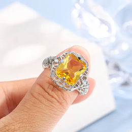 KissICON Ladies 925 Silver Plated High-grade Moissanite Citrine Hollow Wedding Engagement Ring High-end Jewelry Luxury Ladies Ring