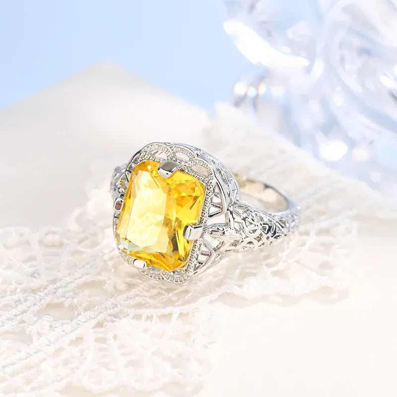 KissICON Ladies 925 Silver Plated High-grade Moissanite Citrine Hollow Wedding Engagement Ring High-end Jewelry Luxury Ladies Ring