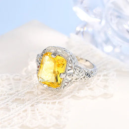 KissICON Ladies 925 Silver Plated High-grade Moissanite Citrine Hollow Wedding Engagement Ring High-end Jewelry Luxury Ladies Ring