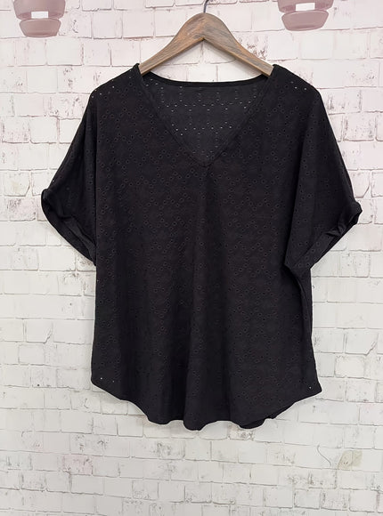 KissICON Ladies Plus Size V-Neck Batwing Sleeve T-Shirt, Hollow Out Floral Pattern, for Women