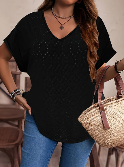 KissICON Ladies Plus Size V-Neck Batwing Sleeve T-Shirt, Hollow Out Floral Pattern, for Women