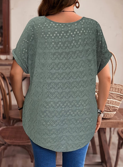 KissICON Ladies Plus Size V-Neck Batwing Sleeve T-Shirt, Hollow Out Floral Pattern, for Women