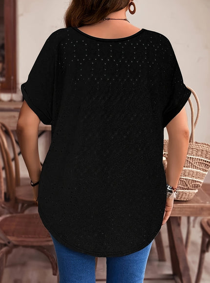 KissICON Ladies Plus Size V-Neck Batwing Sleeve T-Shirt, Hollow Out Floral Pattern, for Women