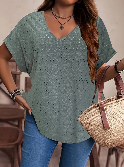 KissICON Ladies Plus Size V-Neck Batwing Sleeve T-Shirt, Hollow Out Floral Pattern, for Women