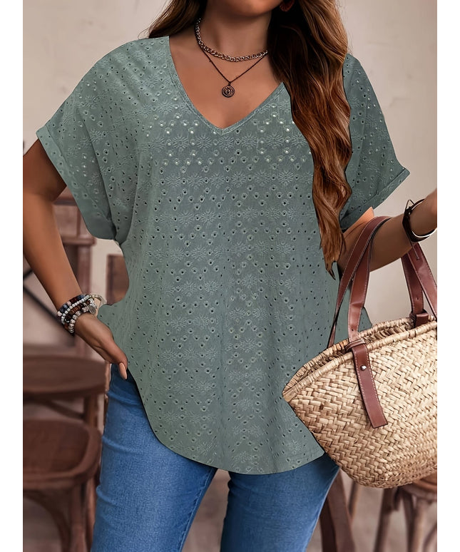 KissICON Ladies Plus Size V-Neck Batwing Sleeve T-Shirt, Hollow Out Floral Pattern, for Women