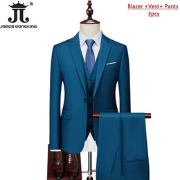 KissICON Lake Blue 3Pcs / 4XL (US XL) Mens Solid Color Formal Business 3Piece Suit M6XL