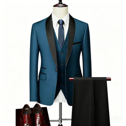 KissICON Lake blue Black / S Mens Beige Tuxedo Suit Jacket Vest Pants Set