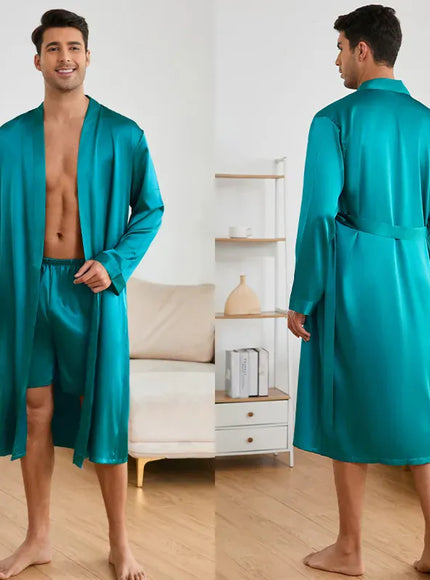 KissICON Lake Blue / L Baroque Silky Satin Lounge Set Robe Shorts Nightgown