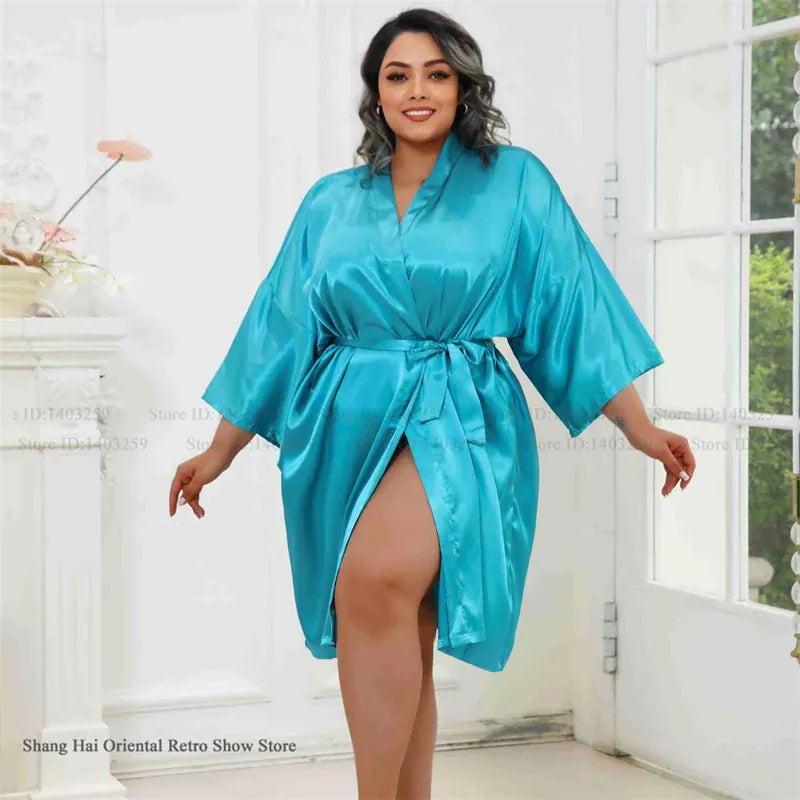 KissICON Lake Blue / One Size Plus Size Women Robe Half Sleeve Bathrobe Kimono