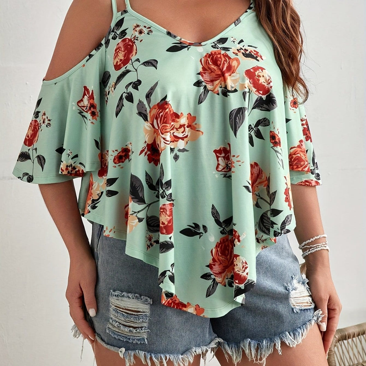 jkthpu-45 Lake Blue / UK 16 Women'S Plus Size Floral Off-Shoulder Top with Ruffle