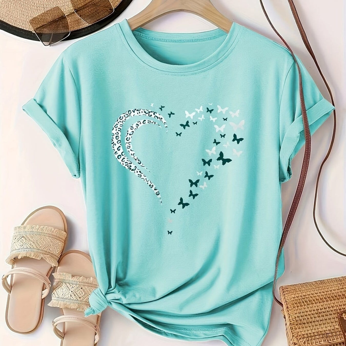 KissICON Lake Blue / UK 18 Plus Size Heart Print T-Shirt, Casual Crew Neck Short Sleeve T-Shirt, Women's Plus Size Clothing