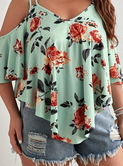 jkthpu-45 Lake Blue / UK 18 Women'S Plus Size Floral Off-Shoulder Top with Ruffle