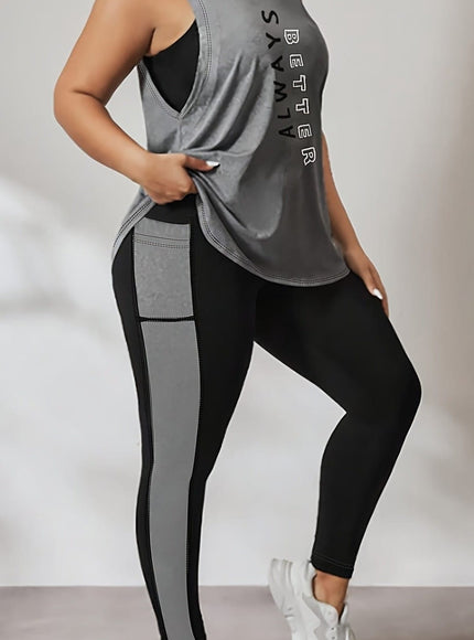 jkthpu-45 Large Athletic Vest Set Print Top Patchwork Fitness Pants