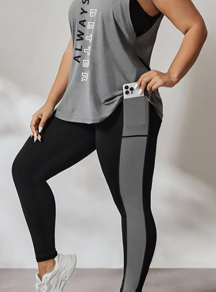 jkthpu-45 Large Athletic Vest Set Print Top Patchwork Fitness Pants